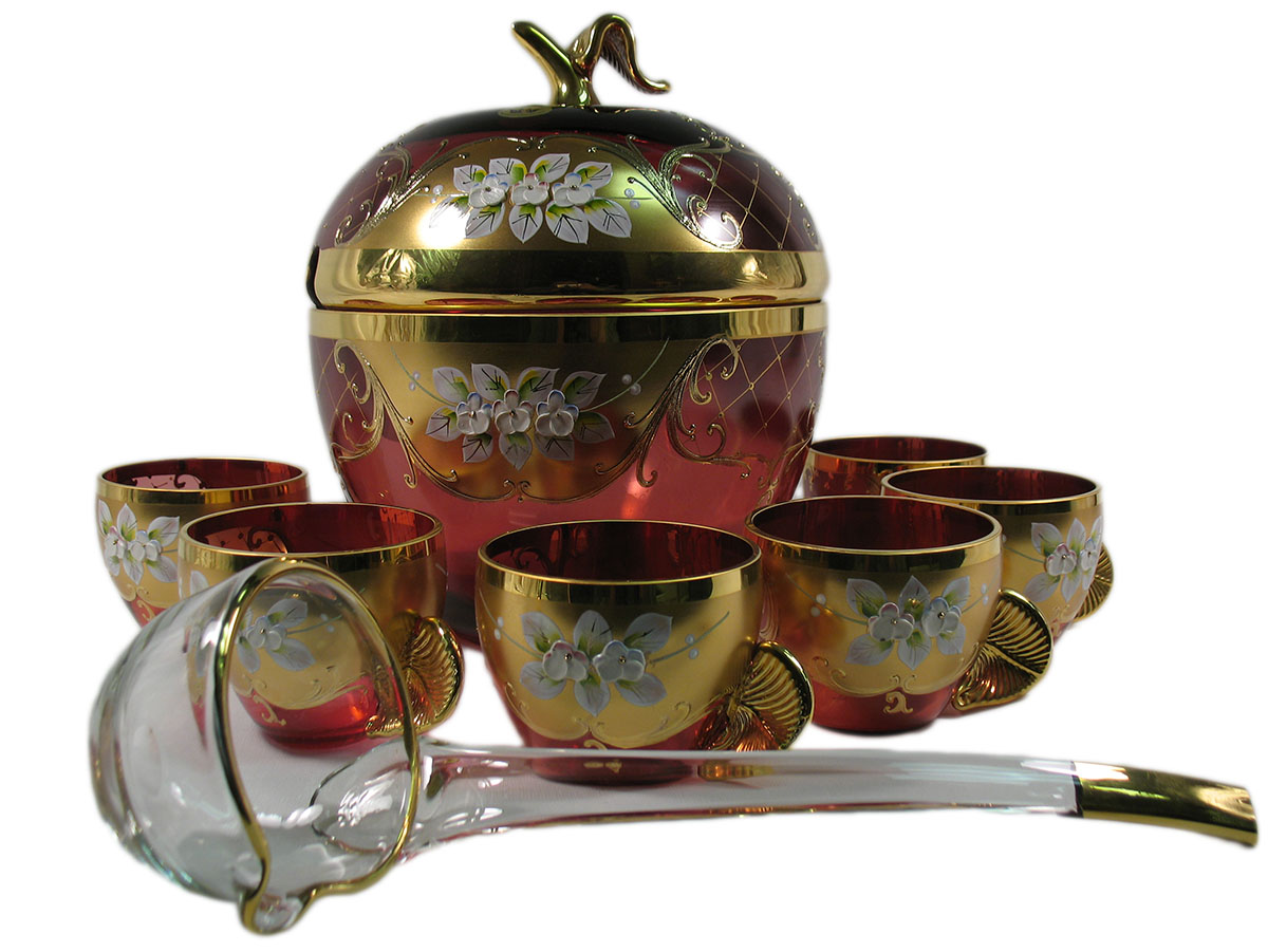 Bohemian Crystal High Enameled Punch Set Red / Ruby