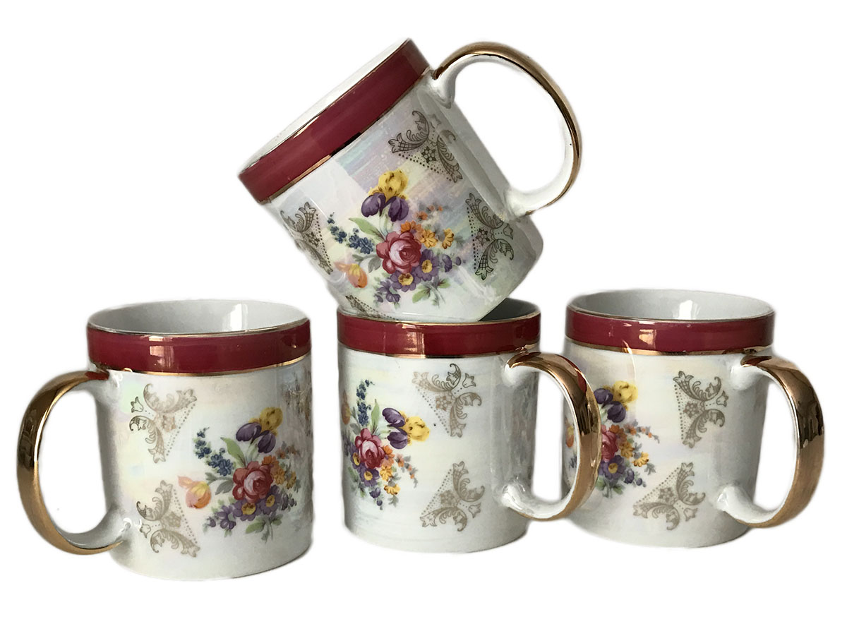 Classic Floral Design Fine Porcelain 24K Gold Plate Set of Four Mugs 