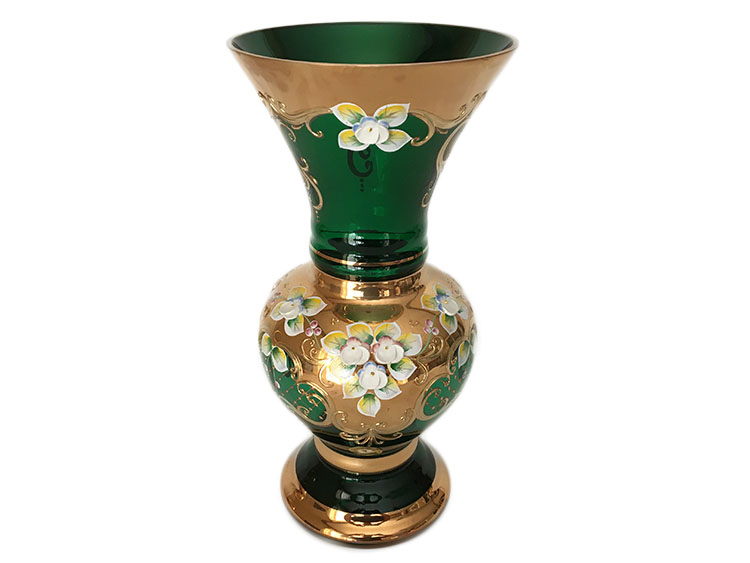 Bohemian High Enameled Hand Painted Vase Green 31cm / 12.5"